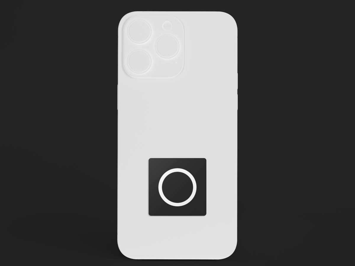 A black Square Tag on the back of a white iPhone